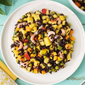 Black Rice Salad with Pineapple, Vegetables and Shrimp