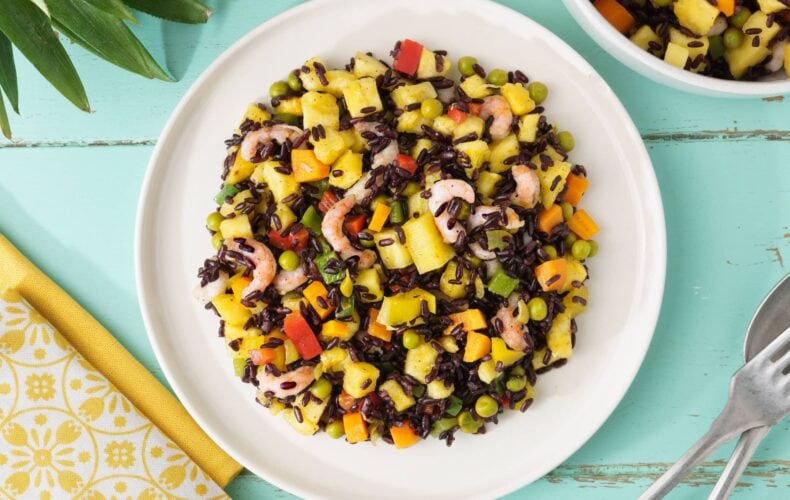 Black Rice Salad with Pineapple, Vegetables and Shrimp