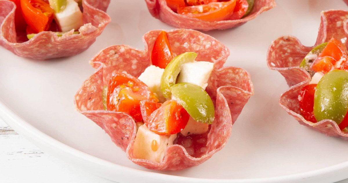 Recipe Salami Cups with Mozzarella, Cherry Tomatoes and Olives - The Recipes Club