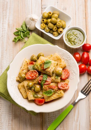 Recipe Paccheri with Olive Pesto and Cherry Tomatoes