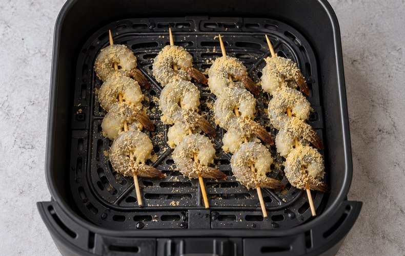 Air Fryer Shrimp Skewers, step 4: skewers in the air fryer basket