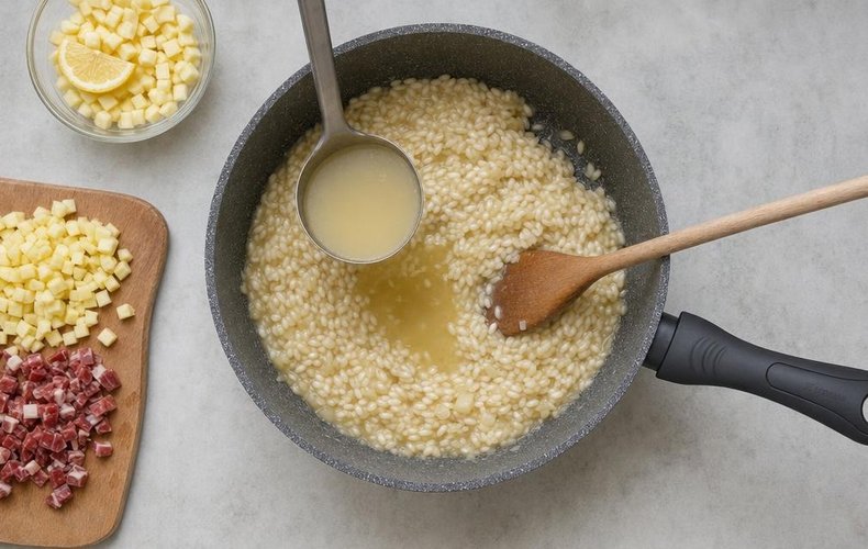 Apple and Speck Risotto, step 2: rice cooking with shallot and broth in a pan