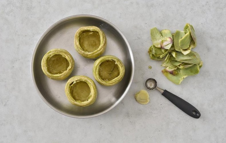 Artichoke Cups with Seafood Salad, step 5: artichokes trimmed and hollowed out