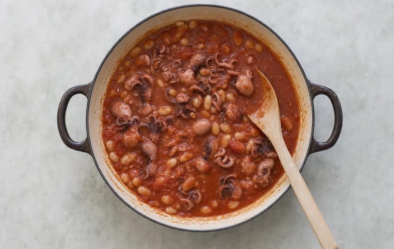 Baby Octopus Soup, step 2: baby octopus simmering with tomato and beans