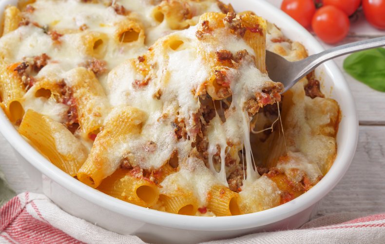 Golden baked pasta in a baking dish