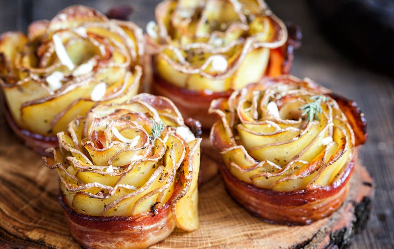 Baked potato and bacon roses