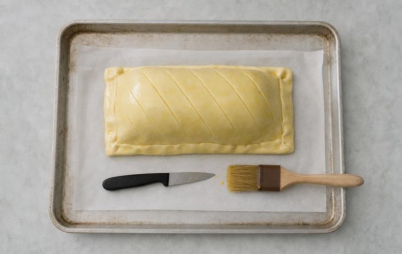 Beef Wellington, step 8: the pastry brushed with egg yolk and scored on a baking sheet