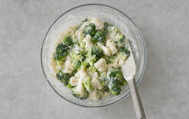 Broccoli and Cauliflower Gratin, step 3: mixing the vegetables with the béchamel
