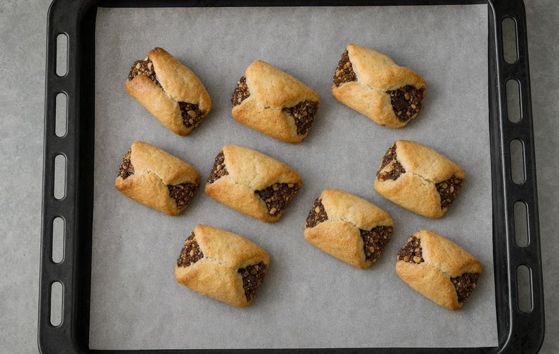 Buccellati di Monreale, step 7: golden cookies on a baking sheet lined with parchment paper