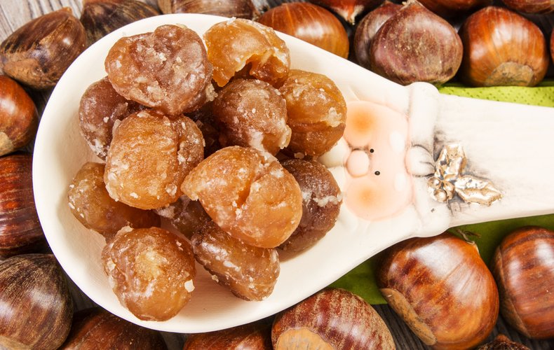 Candied chestnuts dusted with powdered sugar
