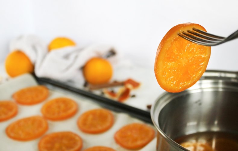 Candied orange slices drained from the syrup