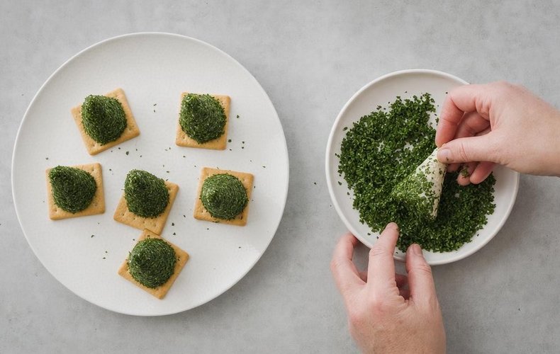 Cheese and Herb Christmas Trees, step 4: cheese cones rolled in herbs and set on crackers