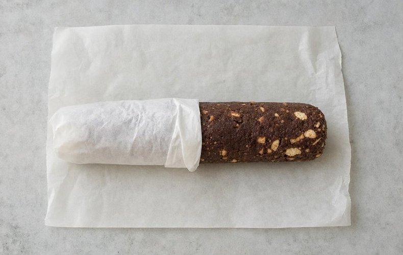 Chestnut Salami, step 8: shaping the salami in parchment paper
