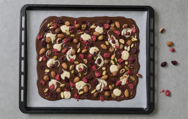 Chocolate Bark with Nuts and Berries, step 4: nuts scattered over the soft chocolate