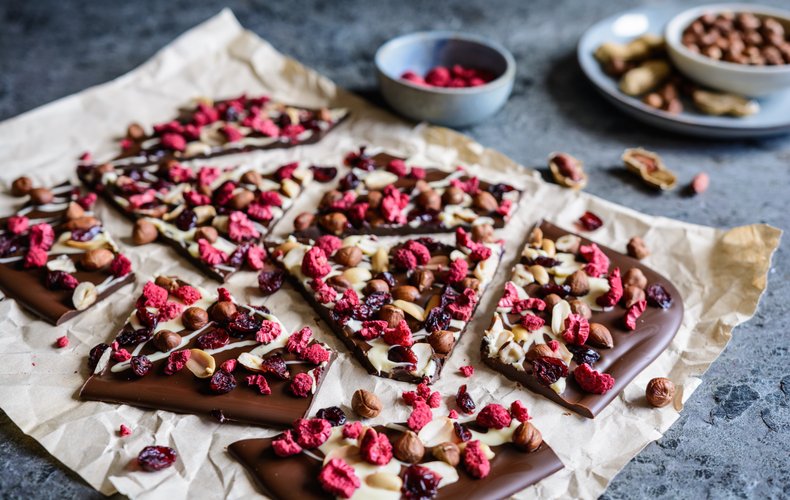 Chocolate bark broken into irregular pieces