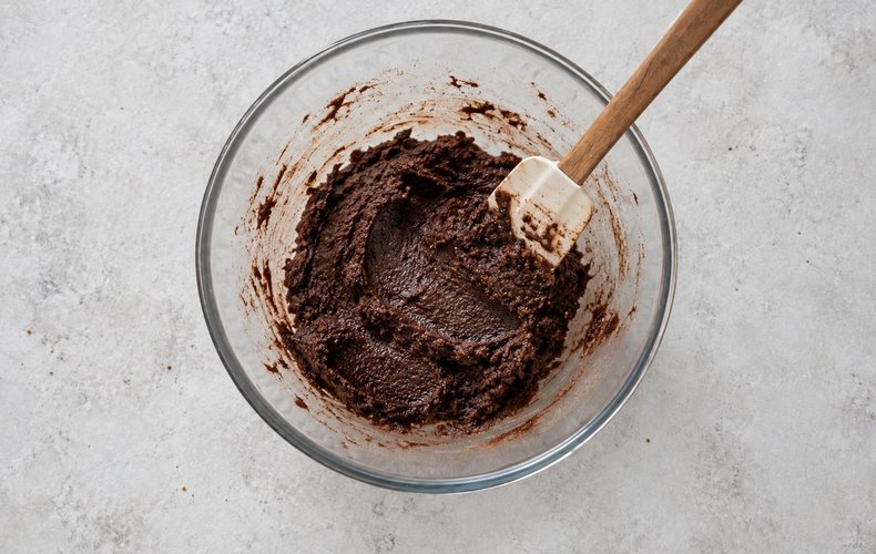 Chocolate Crinkle Cookies, step 3: the flour mixture worked into the chocolate dough