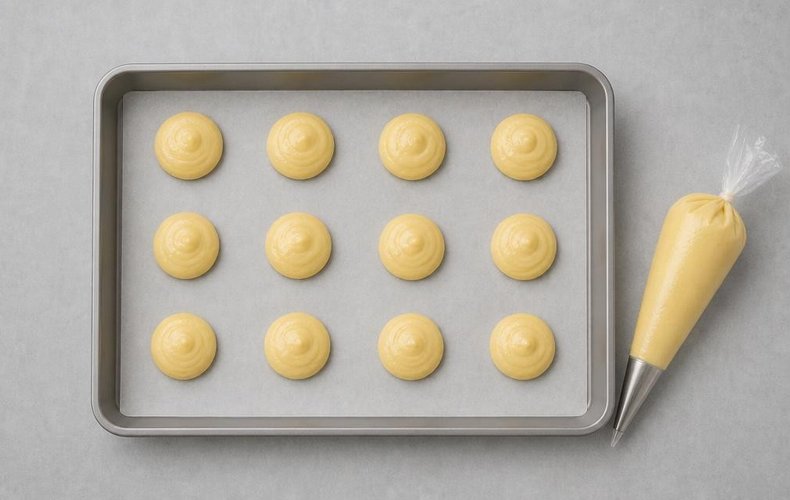 Chocolate Profiteroles, step 4: choux mounds piped onto a lined baking sheet