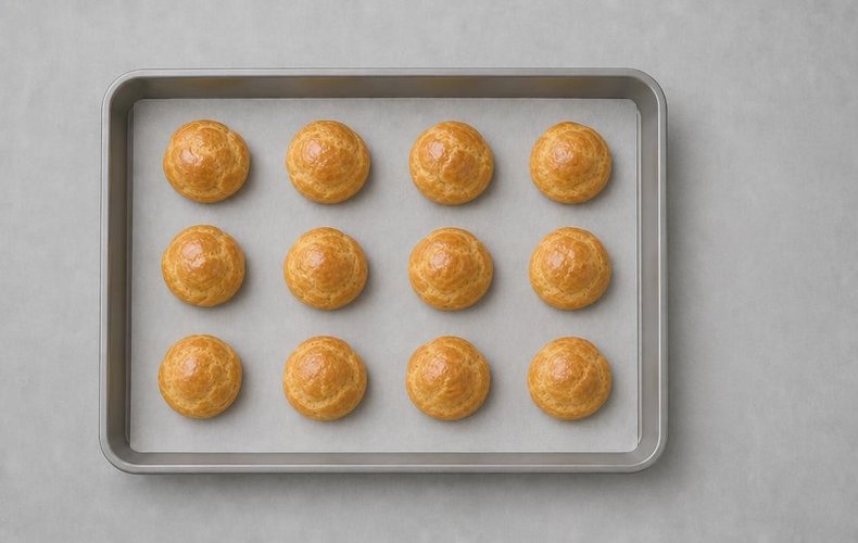 Chocolate Profiteroles, step 5: cream puffs brushed with egg yolk