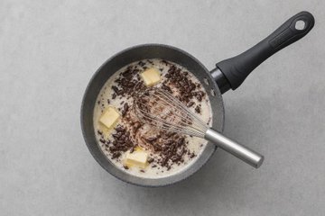 Chocolate Profiteroles, step 6: chocolate and butter melted into the hot cream