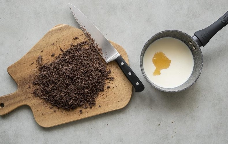Chocolate Truffles with a Hazelnut Center, step 1: chopped dark chocolate and cream heating with honey