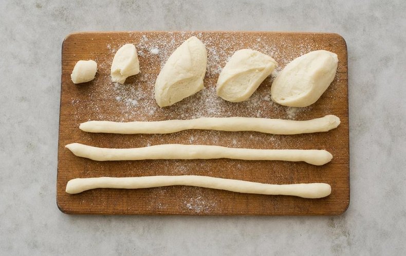 Christmas Eve Gnocchi, step 2: the flour and hot milk dough divided into strips
