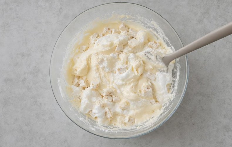 Christmas Star Torrone Semifreddo, step 4: torrone, whites and whipped cream folded into the yolk mixture
