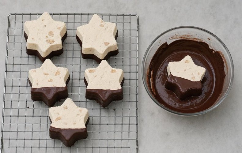 Christmas Star Torrone Semifreddo, step 6: the stars half-dipped in melted dark chocolate