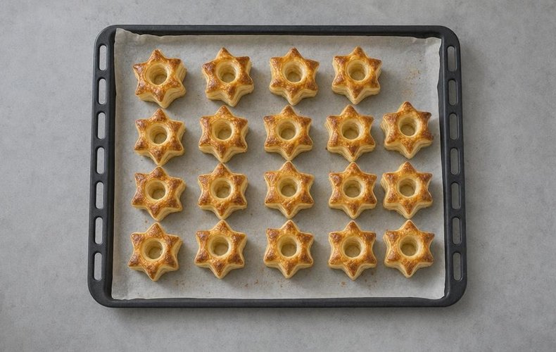 Christmas Star Vol-au-Vents, step 4: brushing the stars with egg yolk on the baking sheet
