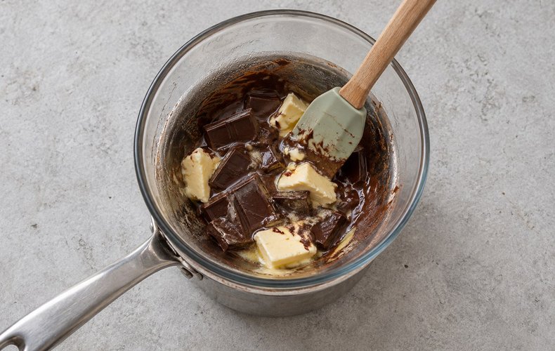 Christmas Tree Brownies, step 2: dark chocolate melted with the butter