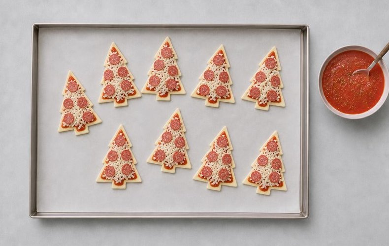 Christmas Tree Mini Pizzas, step 3: decorating the trees with slices of mini salami
