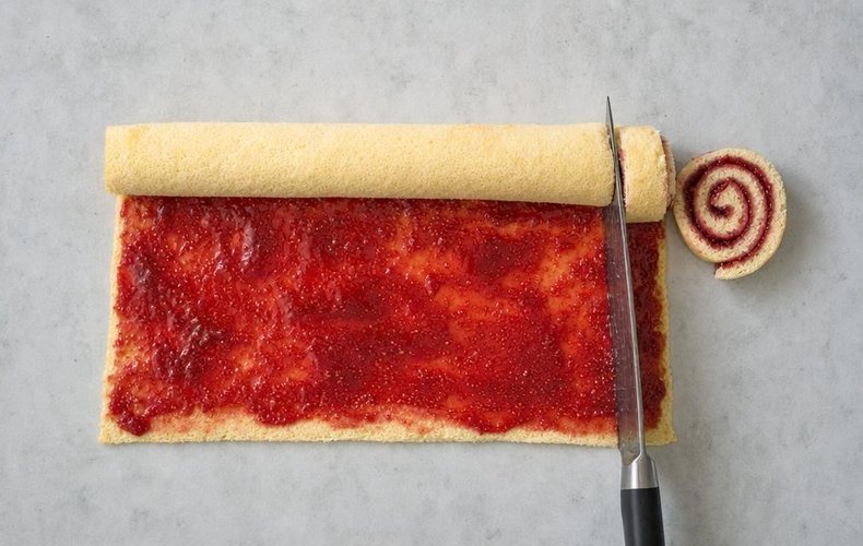 Classic Charlotte Royale, step 8: jam-filled sponge roll slices lining a dome-shaped bowl