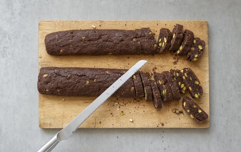 Cocoa and Pistachio Cantucci, step 3: slicing the baked logs on the diagonal