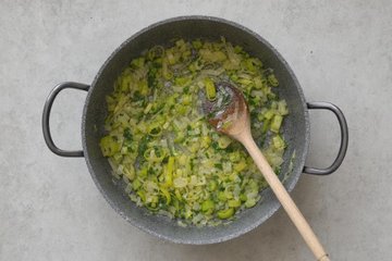 Creamy Chestnut Soup, step 2: chopped vegetables cooking in oil and butter