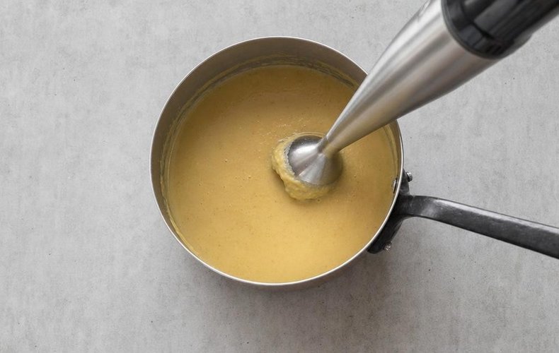 Creamy Lentil Soup with Crispy Bacon, step 3: the lentils blended with an immersion blender