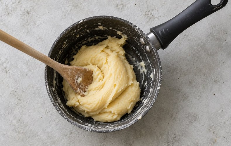 Croquembouche, step 1: cooking the choux dough in the saucepan