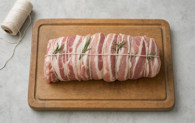 Veal Roast with Cream, step 1: veal wrapped in pancetta and tied with rosemary sprigs
