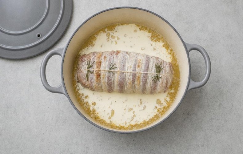 Veal Roast with Cream, step 5: cream and broth poured over the roast in the pan