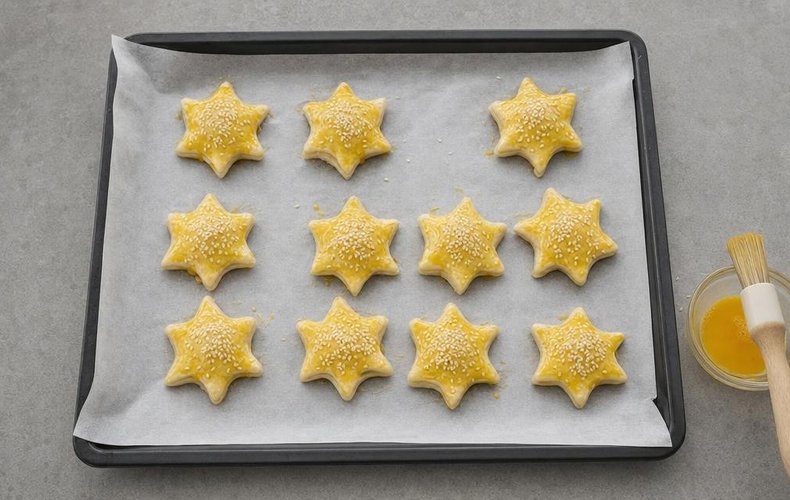 Filled Puff Pastry Stars, step 4: stars brushed with egg yolk and sprinkled with sesame seeds