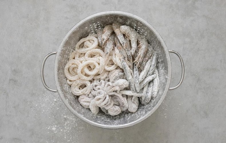 Fritto Misto di Pesce, step 2: coating the seafood in the three flours