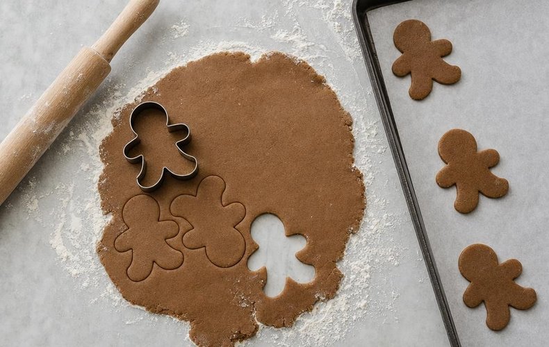 Gingerbread Cookies, step 2: cookies cut out of the rolled dough on a baking sheet