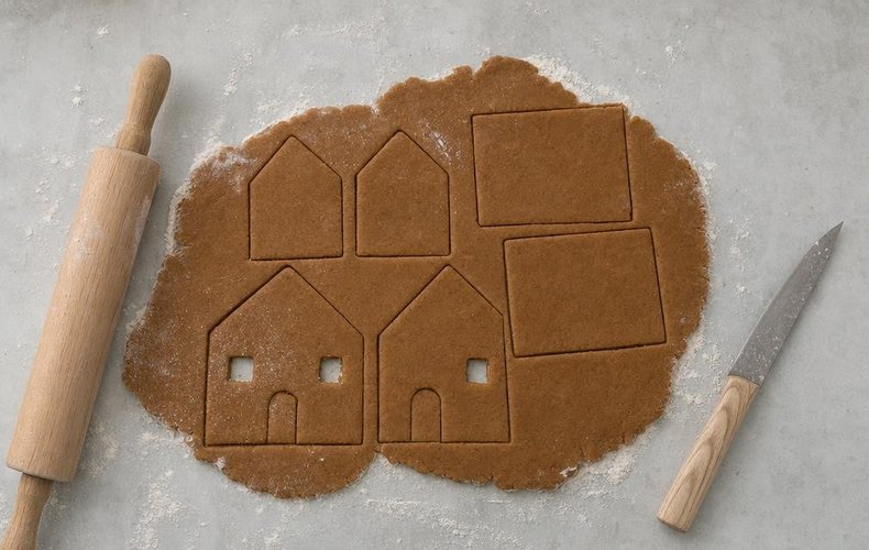 Gingerbread house, step 3: cutting the pieces of the house from the rolled-out dough