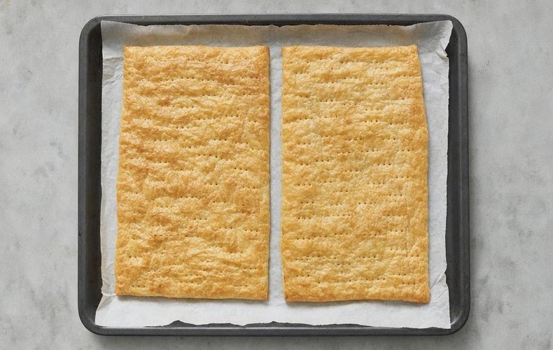 Gorgonzola and Bacon Savory Pie, step 1: puff pastry rectangles pricked with a fork on parchment paper