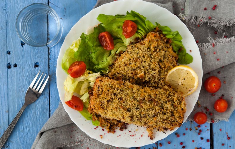 Baked salmon fillet with a golden herb and breadcrumb crust