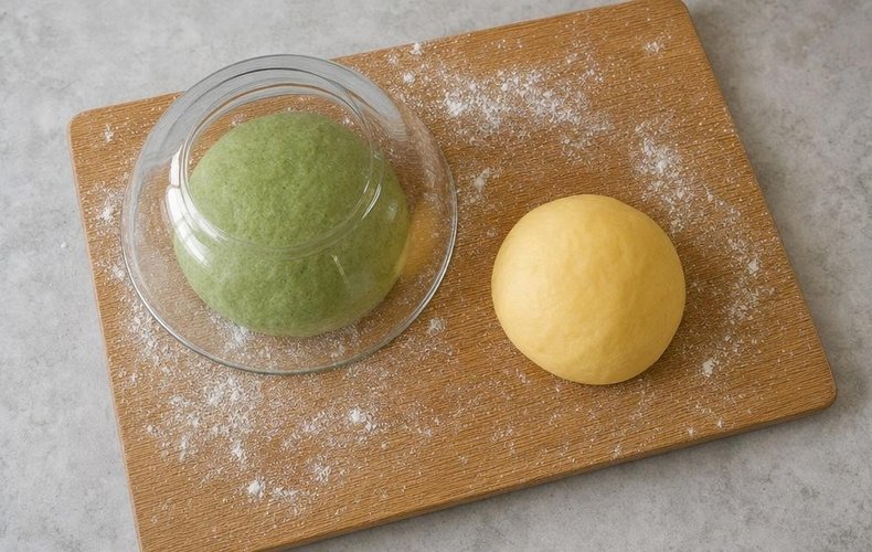 Homemade Paglia e Fieno Tagliatelle, step 4: pasta dough rolled out with a pasta machine