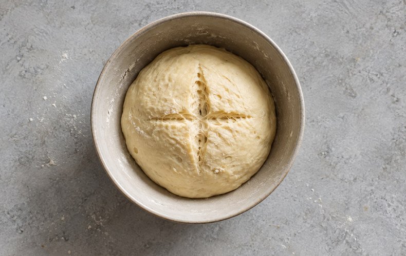 Homemade Panettone, step 1: the starter dough shaped into a ball with a cross cut on top