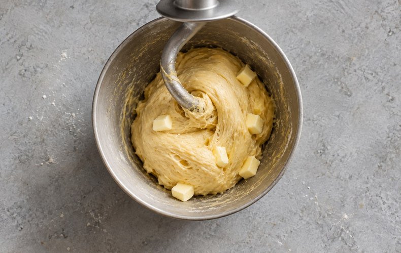 Homemade Panettone, step 2: the first dough kneaded in the stand mixer