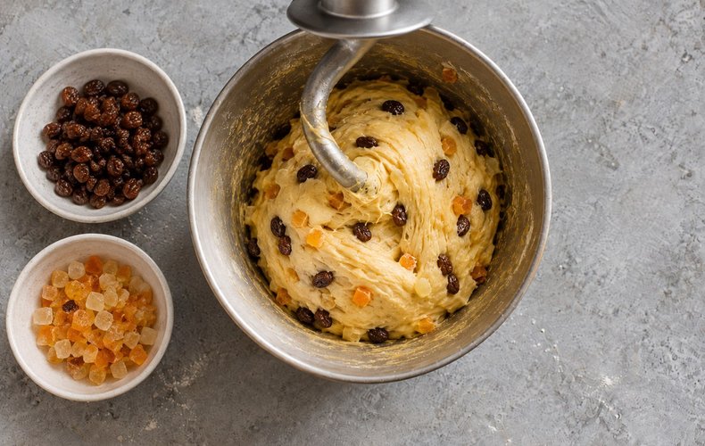 Homemade Panettone, step 3: raisins and candied fruit worked into the dough