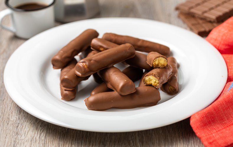 Homemade Togo cookies coated in chocolate