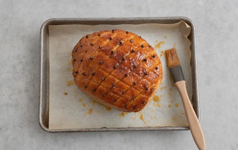 Honey Glazed Ham, step 4: scoring the ham and adding the cloves