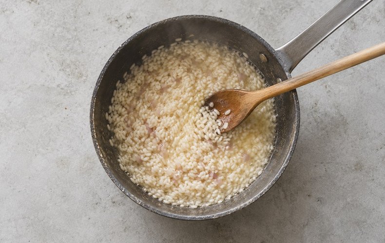 Honey, Sage and Rosemary Risotto, step 2: toasting the rice with the shallot